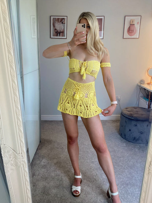 Yellow Crochet Skirt and Crop Co-Ord Set