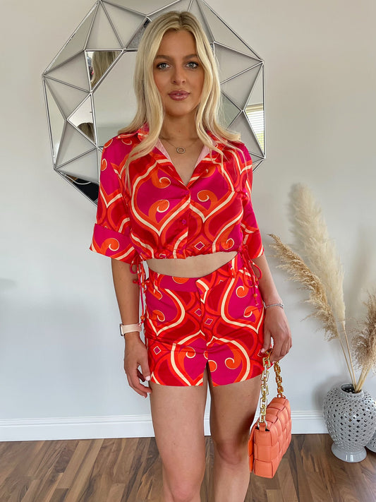 Orange and Pink Printed Cropped Shirt and Skort Co-Ord