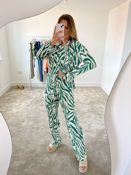 Green Zebra Plisse Shirt and Trouser Two-Piece Set