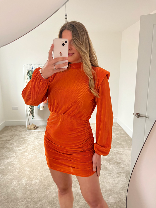Orange Plisse Long Sleeve Dressl