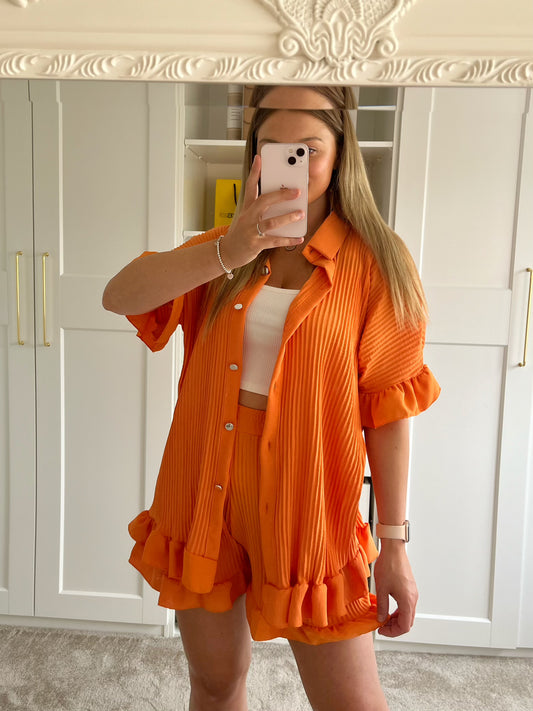 Orange Plisse Shirt and Shorts Set