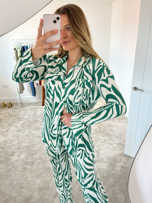 Green Zebra Plisse Shirt and Trouser Two-Piece Set