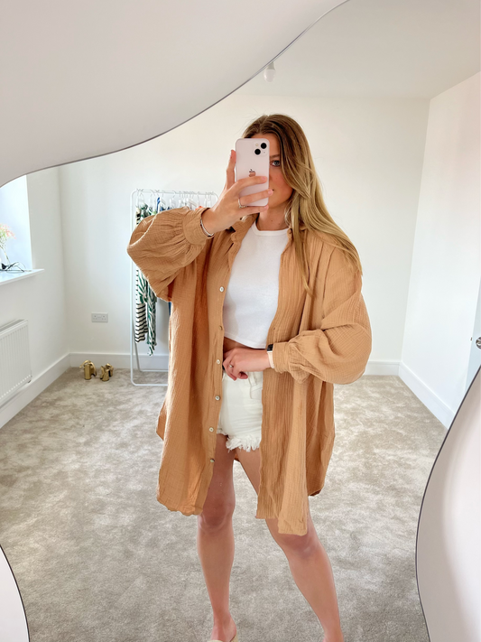 Camel Cheesecloth Oversized Shirt Dress