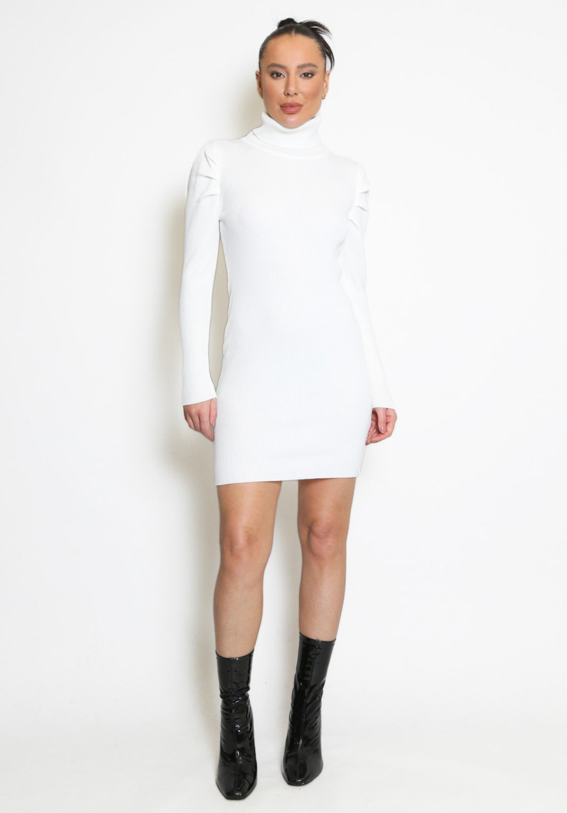 White Puff Sleeve Ribbed Jumper Dress