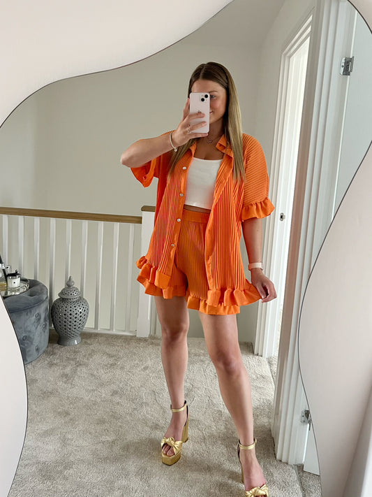 Orange Plisse Shirt and Shorts Set