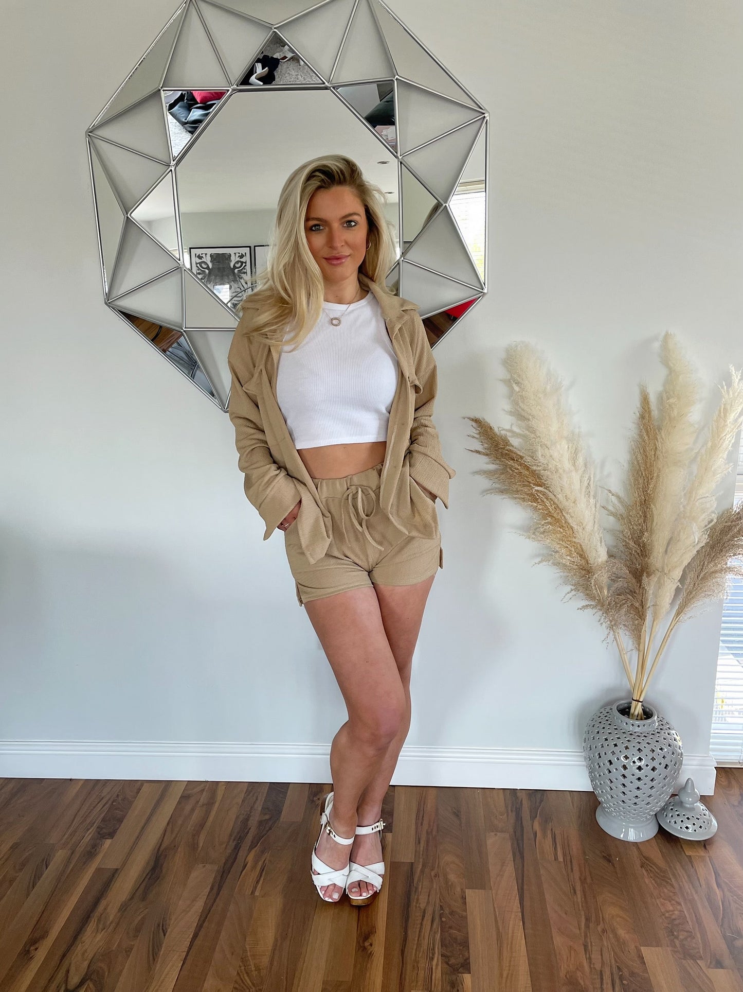 Beige Cheesecloth Shorts and Shirt Co-Ord Set