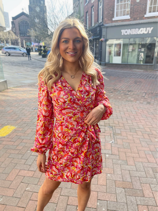 Bright Floral Wrap Dress with bright floral print