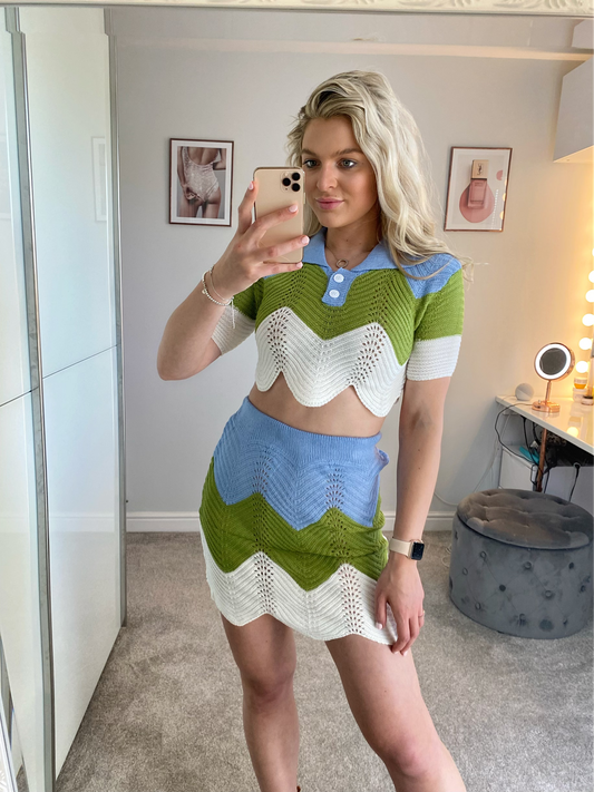 Green and Blue Knitted Skirt and Cropped Top Co-Ord