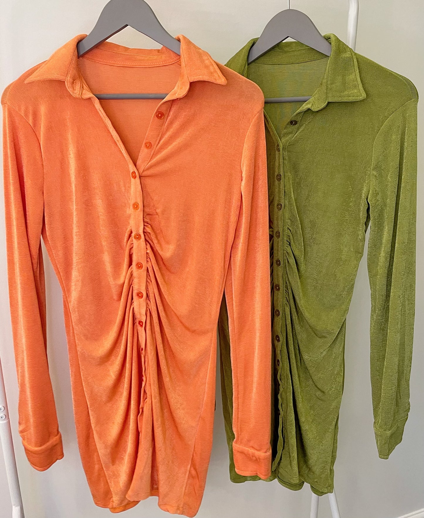 Orange Ruched Button Up Shirt Dress