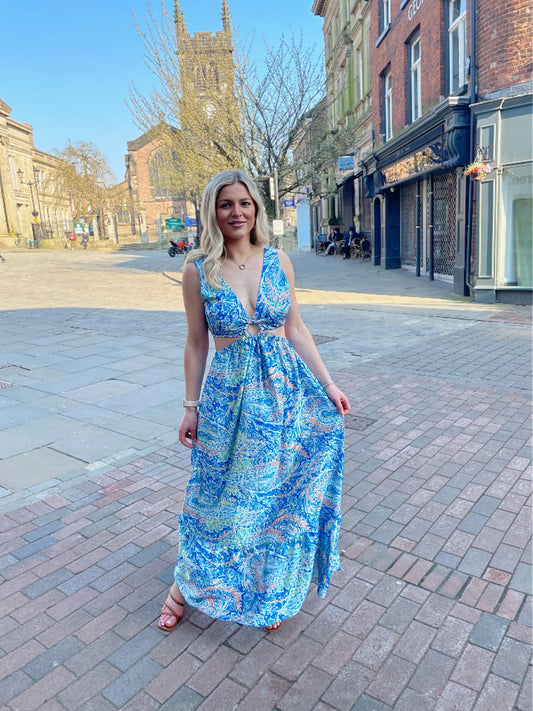 Blue Paisley Print Cut Out Backless Maxi Dress