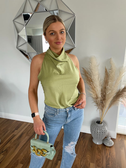 Sage Cowl Halter Neck Backless Top