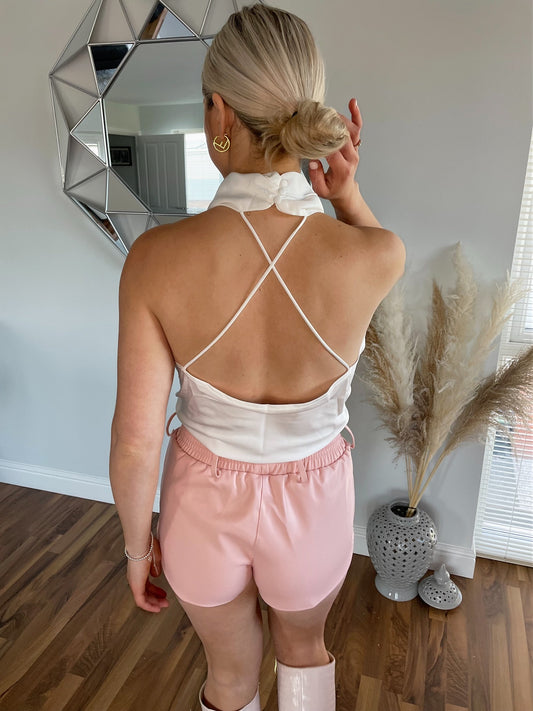 White Cowl Halter Neck Backless Top