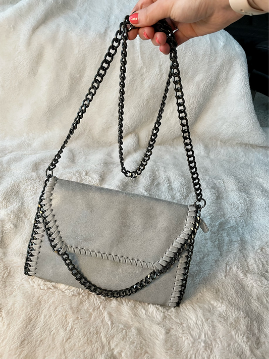 Grey Suede Chain Trim Stella Crossbody Bag