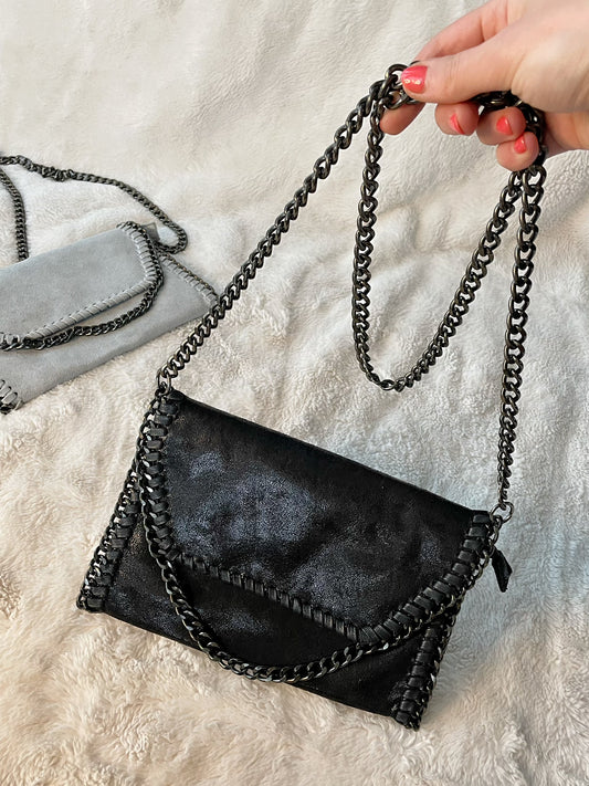Black Suede Chain Trim Stella Crossbody Bag