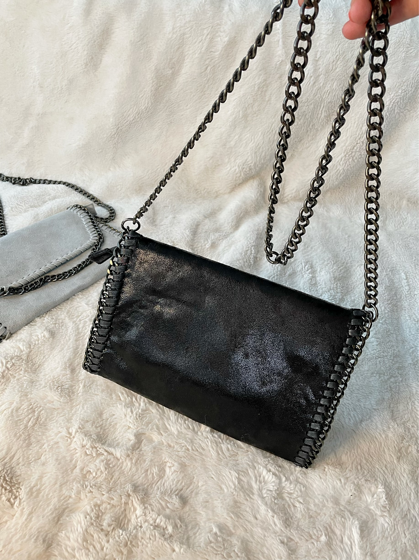 Black Suede Chain Trim Stella Crossbody Bag