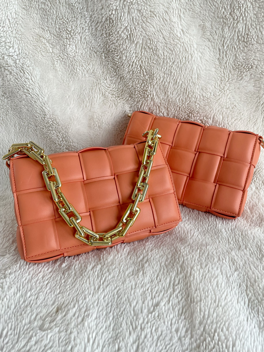 Orange Faux Leather Crossbody Chain Weave Handbag
