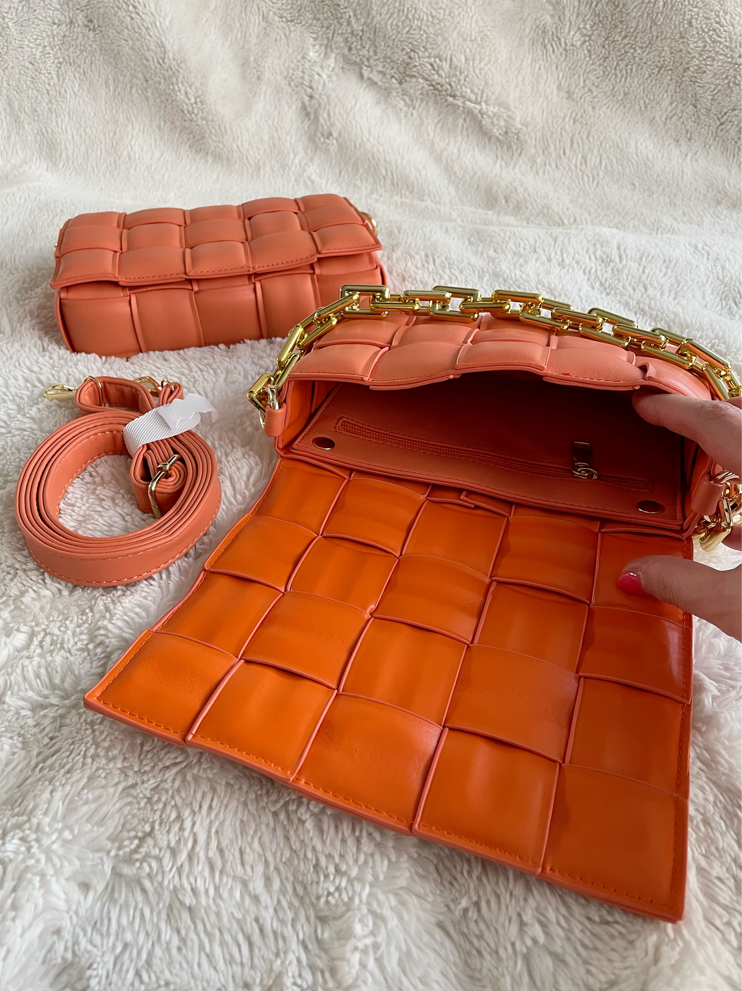 Orange Faux Leather Crossbody Chain Weave Handbag