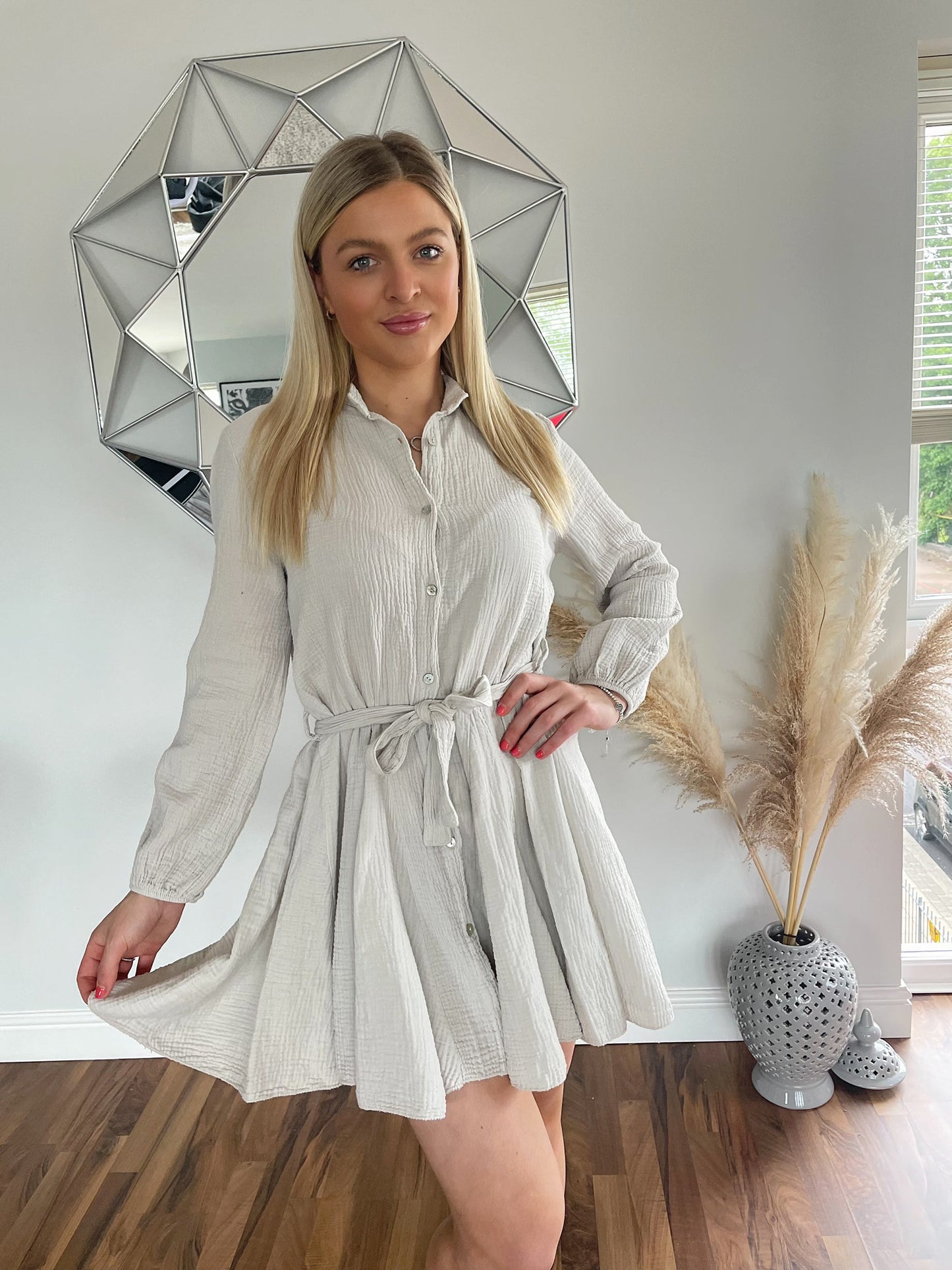 Beige Button Up Belted Cheesecloth Dress