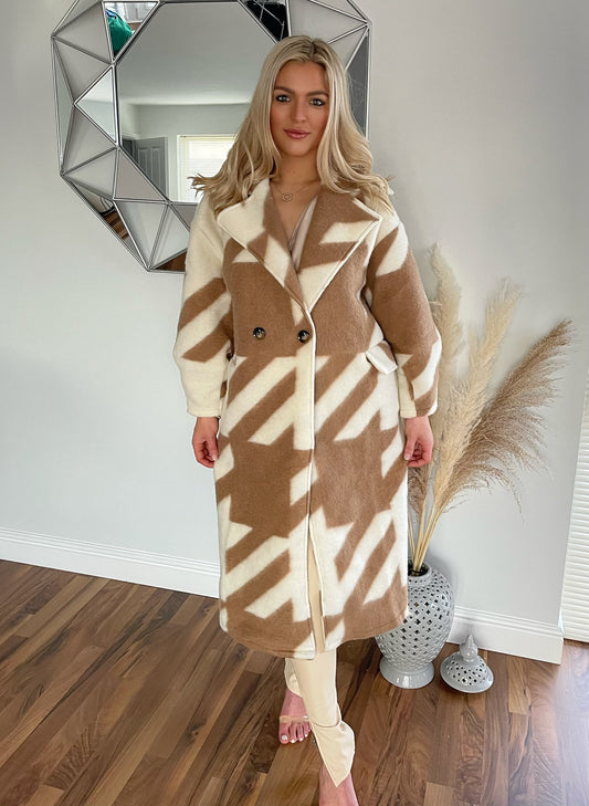 White and Brown Printed Wool Coat
