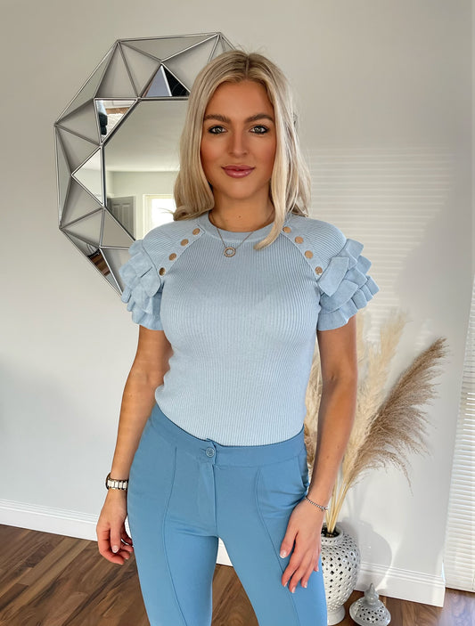 Blue Ruffle Ribbed Top