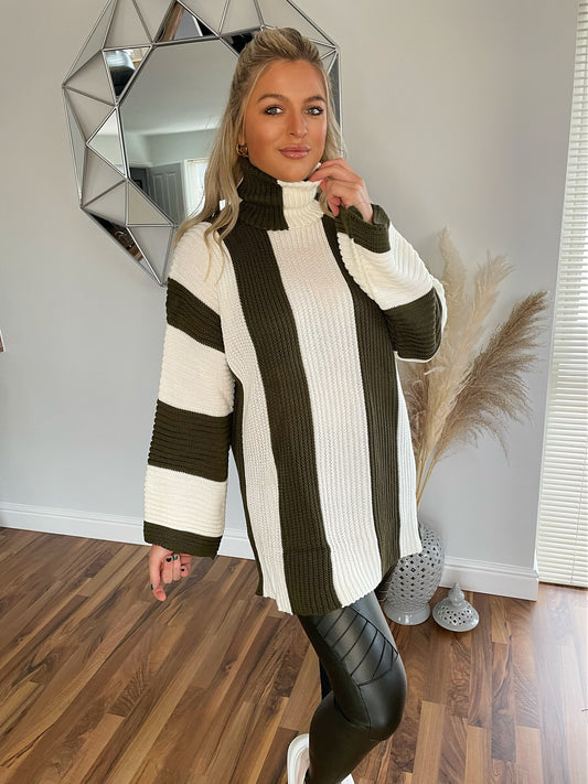 Khaki and White Striped Knitted Jumper