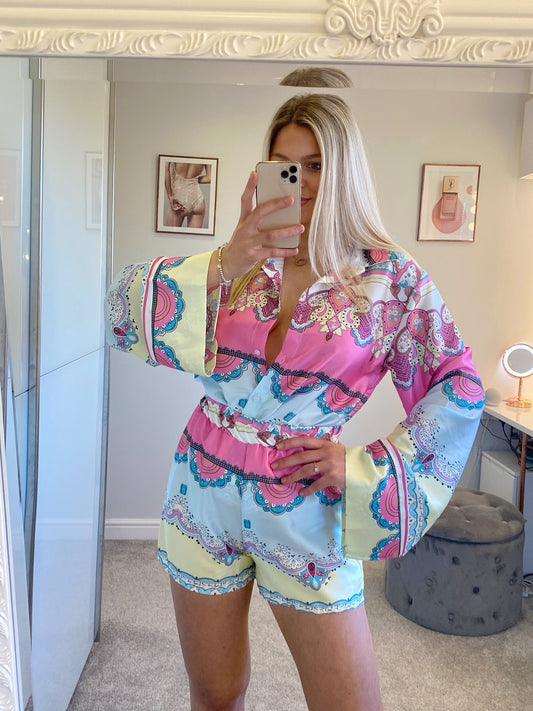 Pink/Blue Paisley Print Silky Bell Sleeve Co-Ord