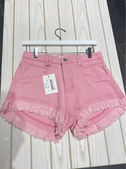 High Waisted Denim Pink Frayed Hem Shorts