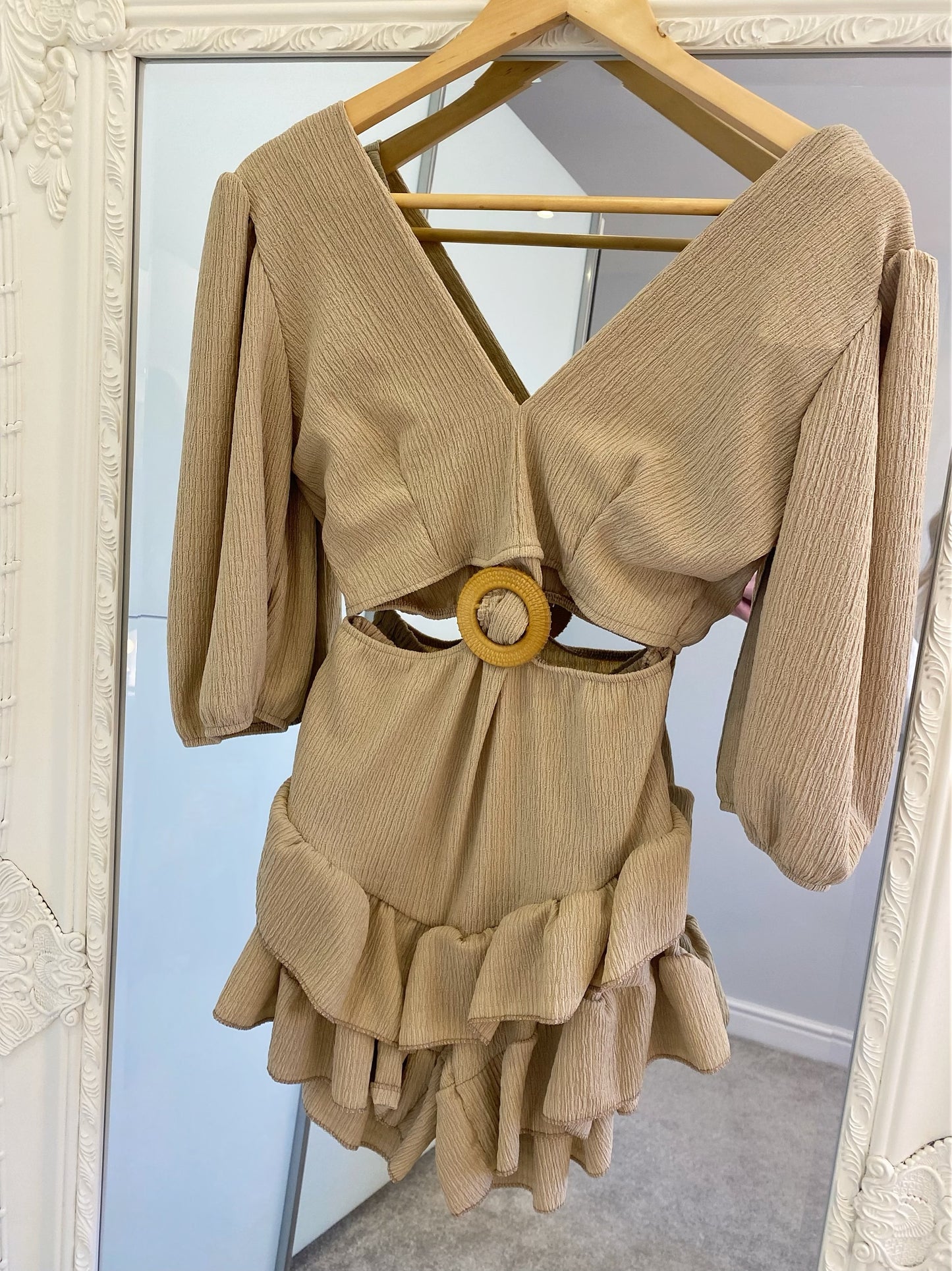 Beige Cheesecloth Cut Out Frill Playsuit