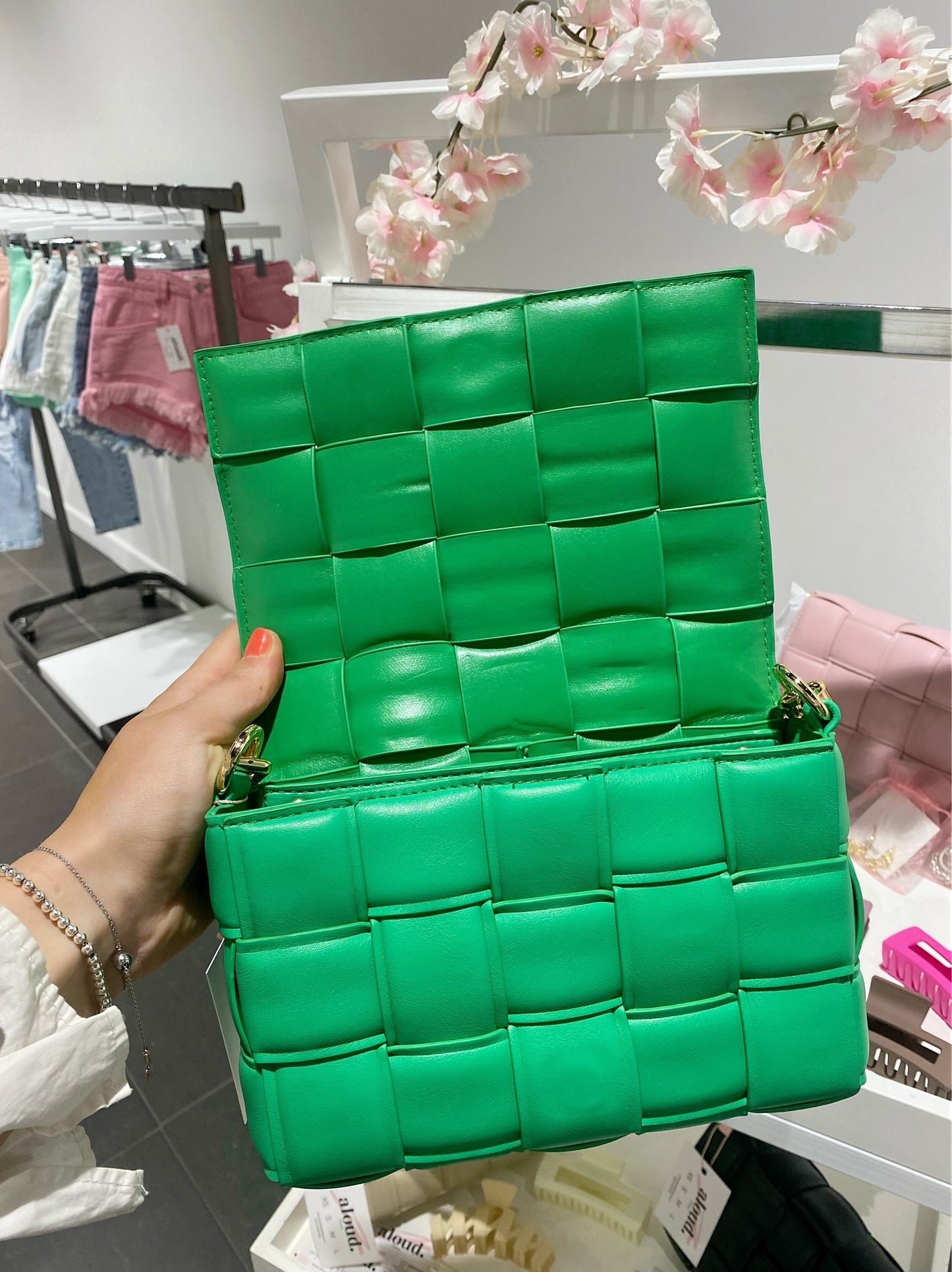 Green Faux Leather Crossbody Chain Weave Handbag