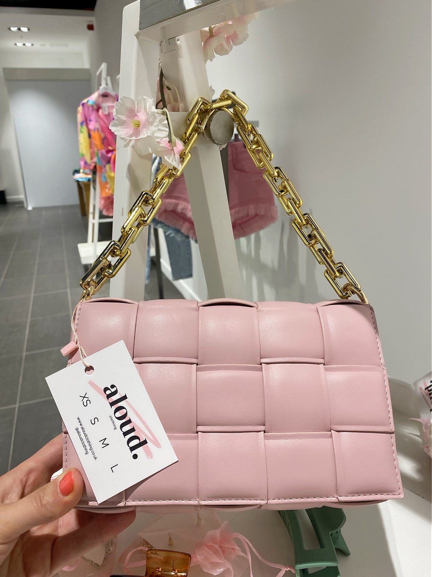 Blush Pink Faux Leather Crossbody Chain Weave Handbag