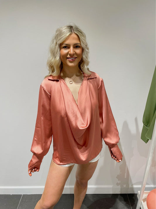 Pink Cowl Neck Satin Shirt