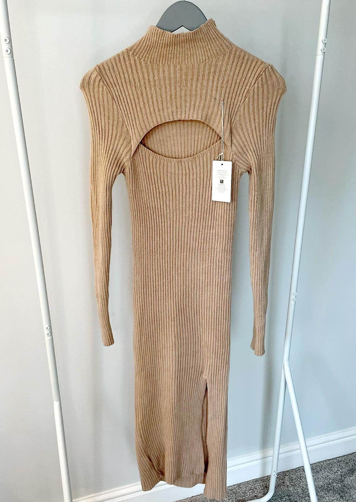 Beige Knitted Cut Out Side Split Midi Dress