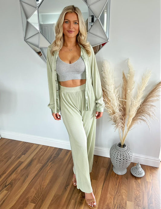 Sage Plisse Shirt and Trouser Two-Piece Set