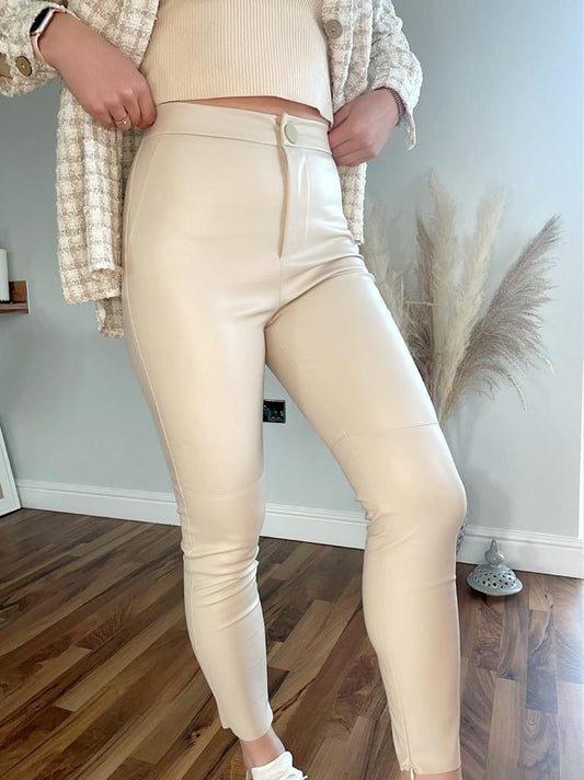 Cream Button Up Leather Look Leggings
