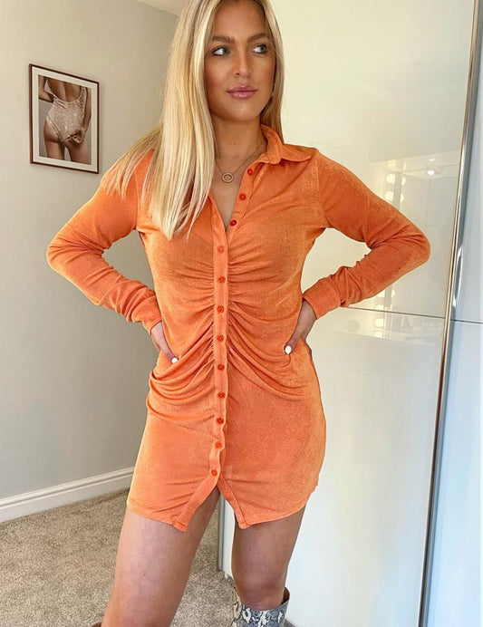 Orange Ruched Button Up Shirt Dress