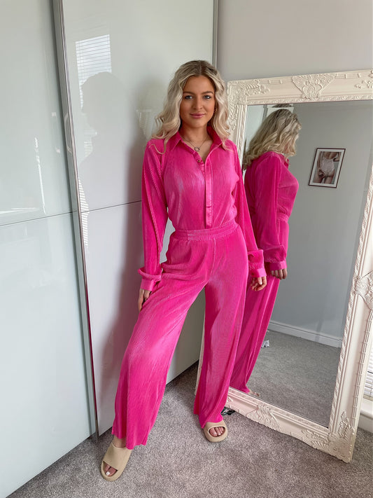 Hot Pink Plisse Shirt and Trouser Two-Piece Set