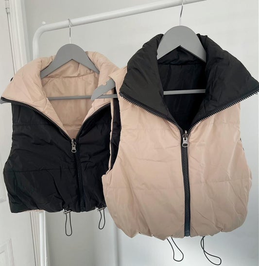 Beige and Black Reversible Padded Gilet